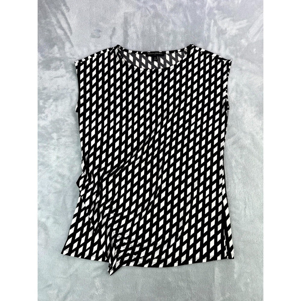 Banana Republic Blouse Top Womens XS Black White Geometric Ruched Sleeveless